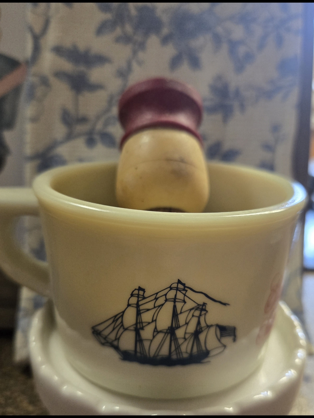 Vintage Yellow Porcelain Shaving Mug with Navy Ship Motif